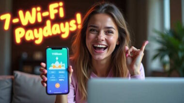 7 minute wifi paydays - image of a delighted young woman who appears to be showing her phone screen having discovered that she has made money online!
