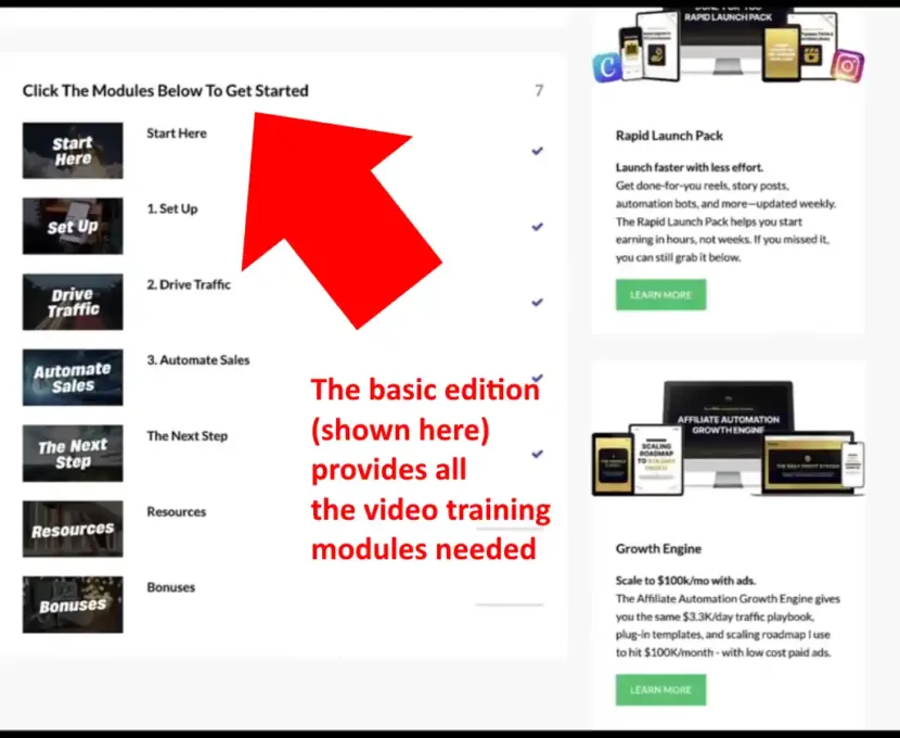 Screen image of Affiliate Automation Academy Review FE Modules.