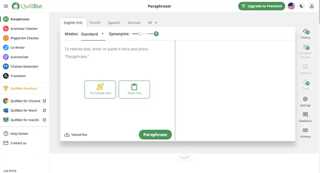 Qillbot main paraphrasing interface /screen.
