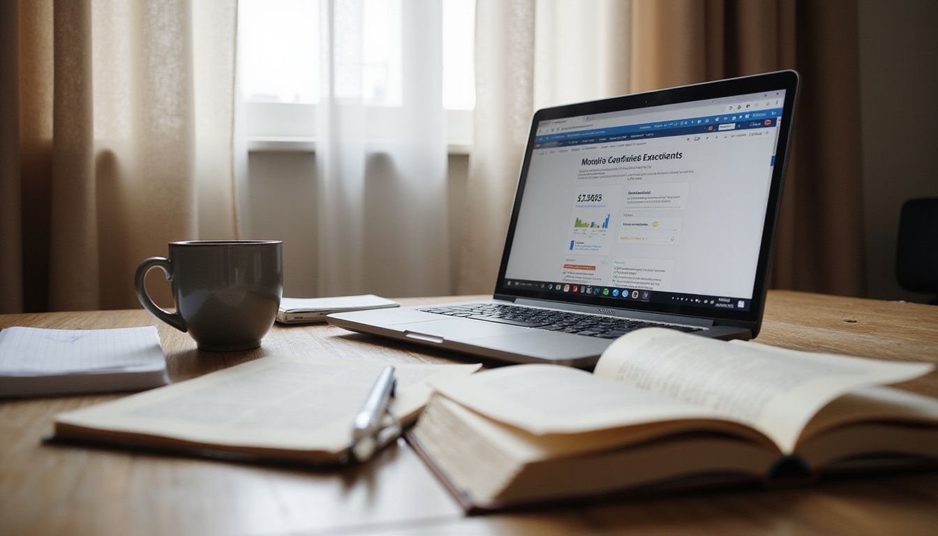 Without Affiliate Automation Academy - A cluttered wooden desk features a laptop, notebooks, and a coffee mug.