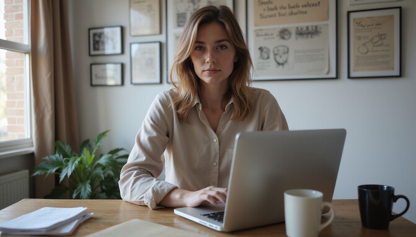 A woman focused on her laptop working on InstaDoodle in a modest home office.