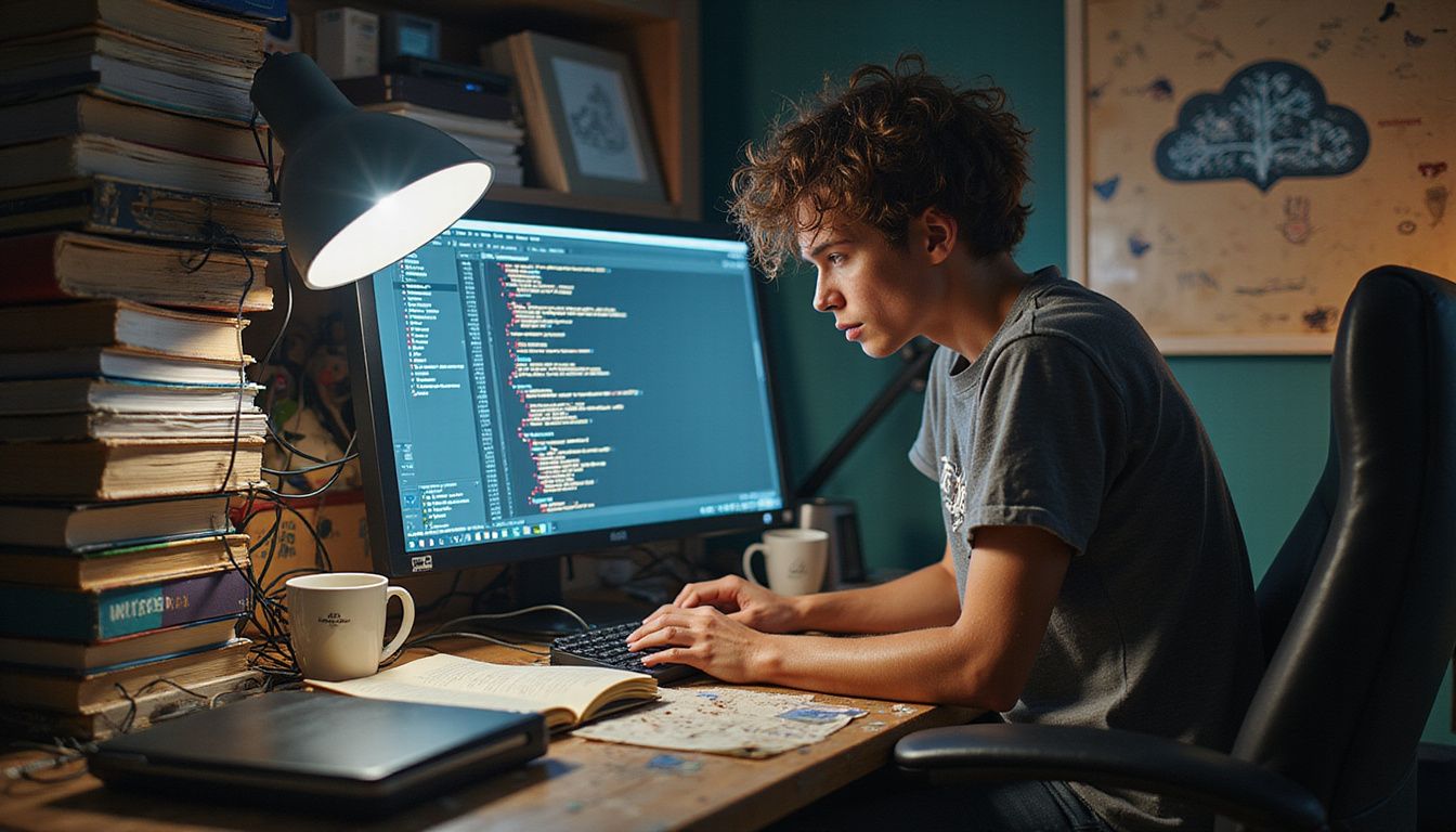 A determined individual battles chaos at a cluttered, tech-filled desk.