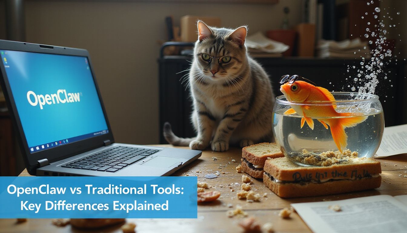 A cat and fish debate coding versus old tools amid desk chaos. A cat and fish debate coding versus old tools amid desk chaos.