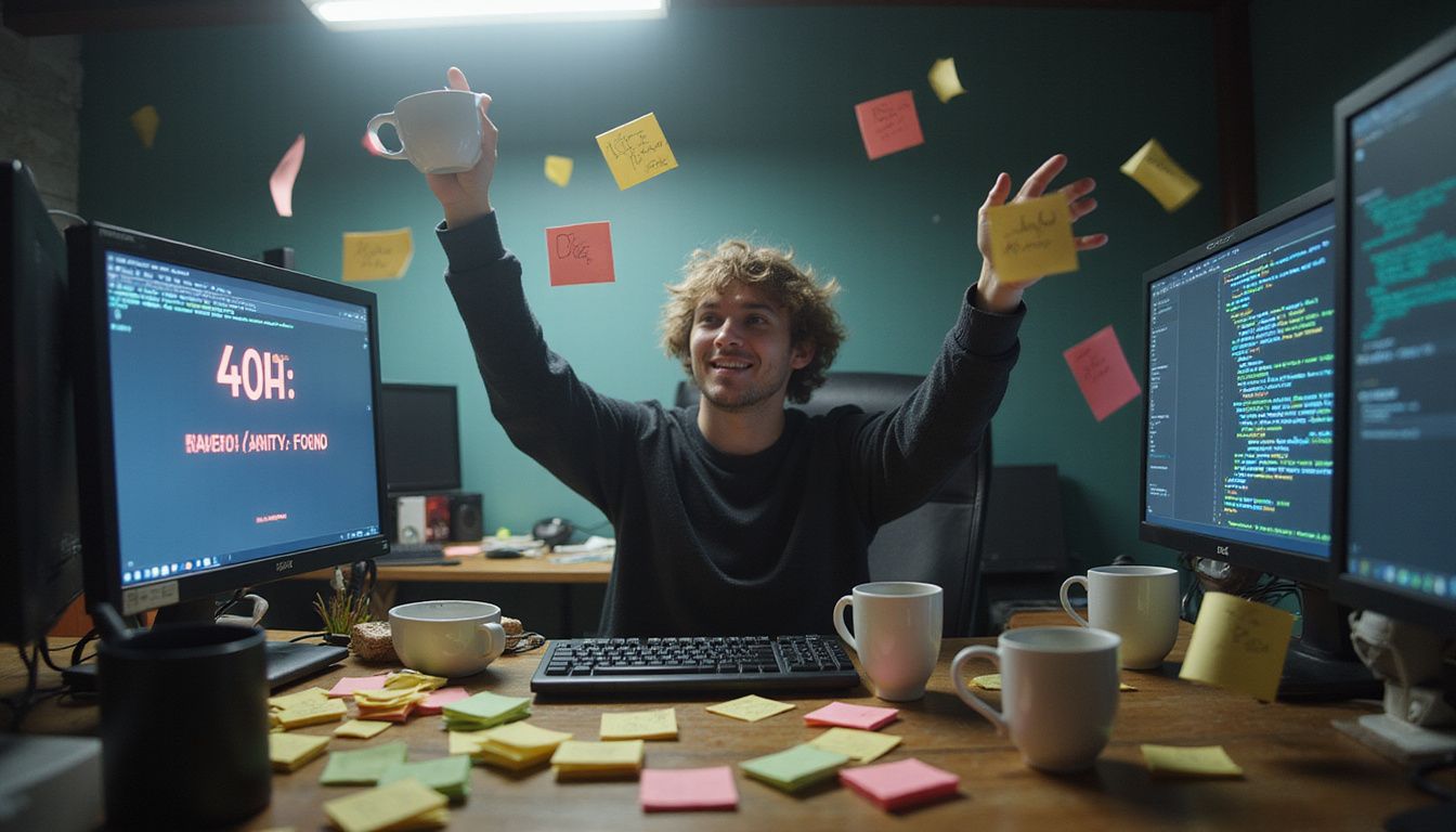 A frazzled individual juggles coffee cups and chaos at their desk.