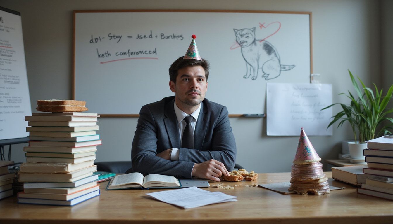 A chaotic workspace features a playful AI and humorous distractions.